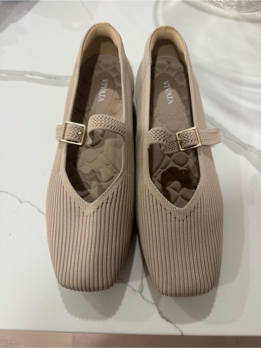 Viviana Beige Knit Mary Jane Flats with Gold Buckles